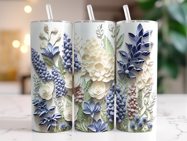 3D Blue and Ivory Flowers Tumbler