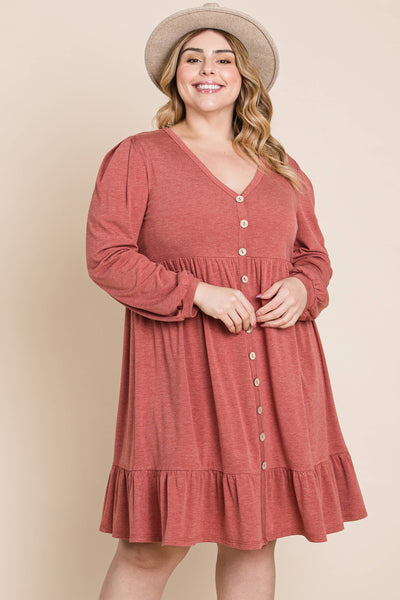 Plus Size Solid TR Spandex Long Sleeve Dress
