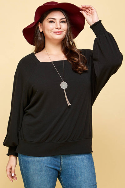 Plus Size Casual Solid Long Sleeve Squareneck Top